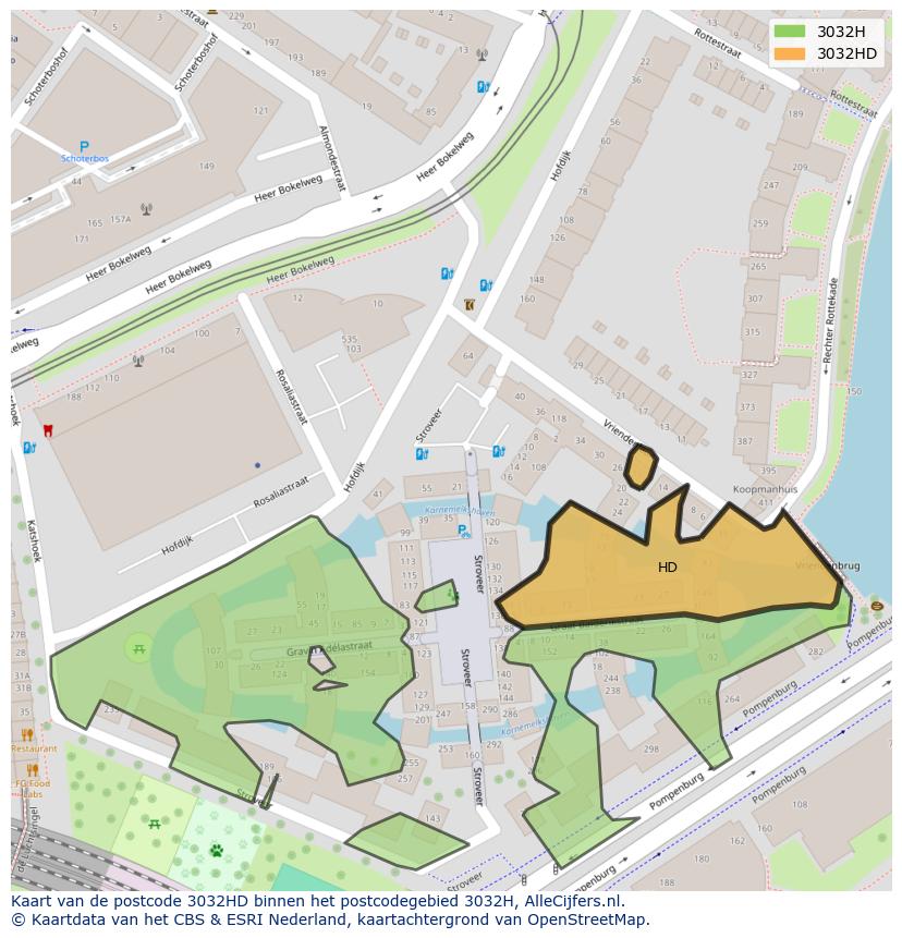 Afbeelding van het postcodegebied 3032 HD op de kaart.