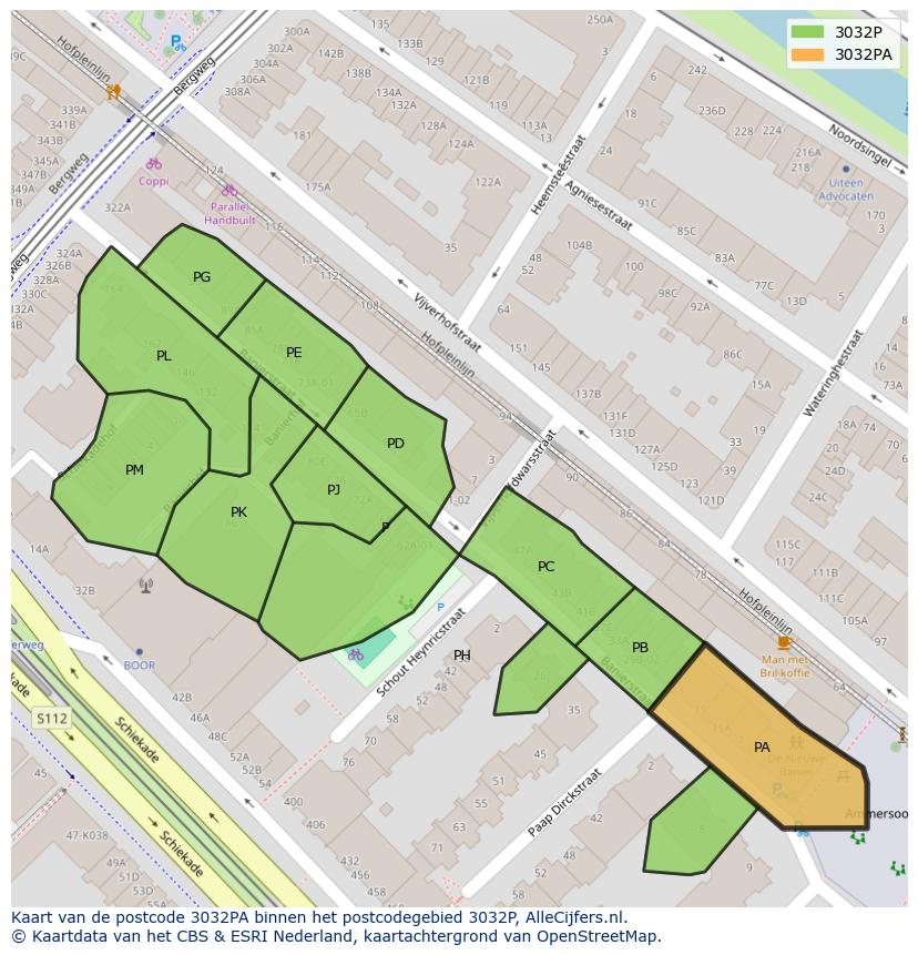 Afbeelding van het postcodegebied 3032 PA op de kaart.