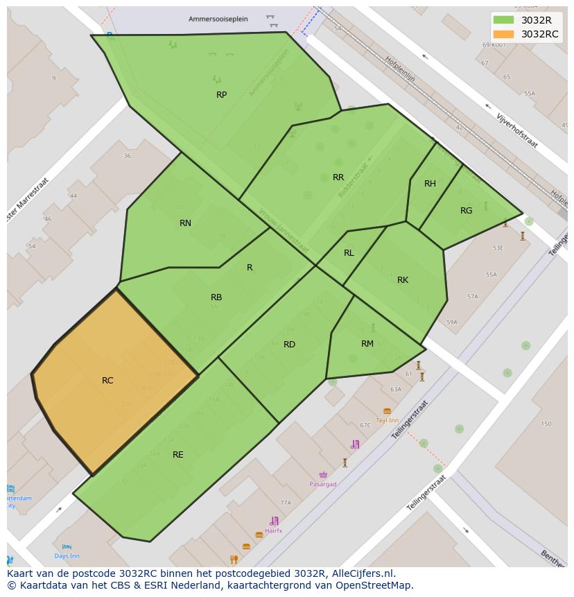 Afbeelding van het postcodegebied 3032 RC op de kaart.