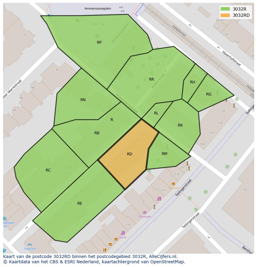 Afbeelding van het postcodegebied 3032 RD op de kaart.