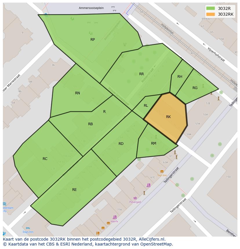 Afbeelding van het postcodegebied 3032 RK op de kaart.