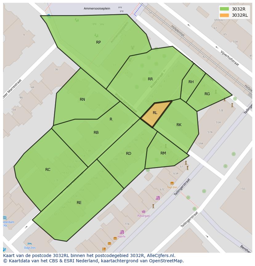 Afbeelding van het postcodegebied 3032 RL op de kaart.