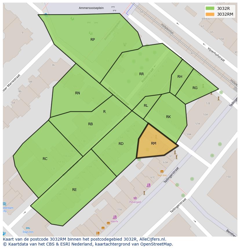 Afbeelding van het postcodegebied 3032 RM op de kaart.