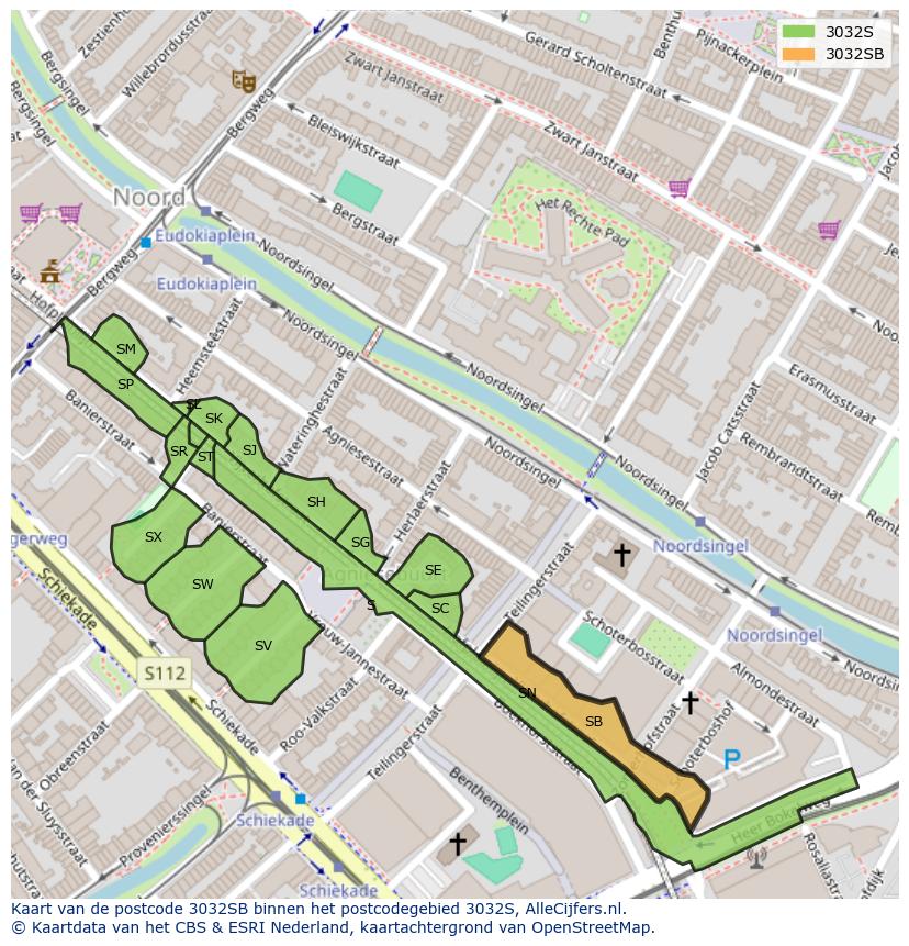 Afbeelding van het postcodegebied 3032 SB op de kaart.