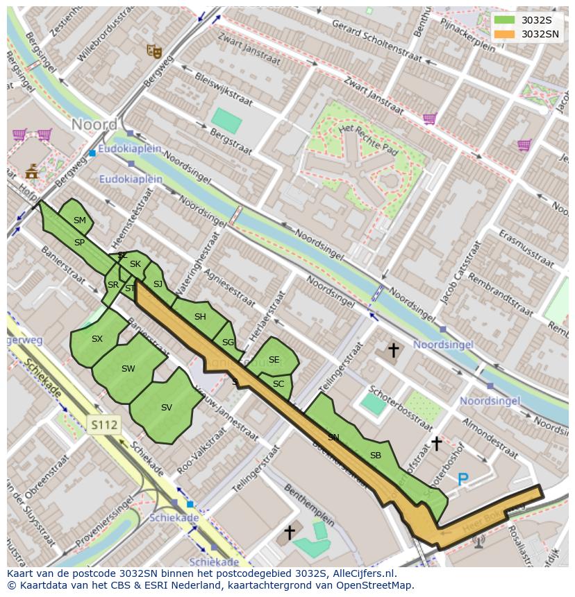 Afbeelding van het postcodegebied 3032 SN op de kaart.