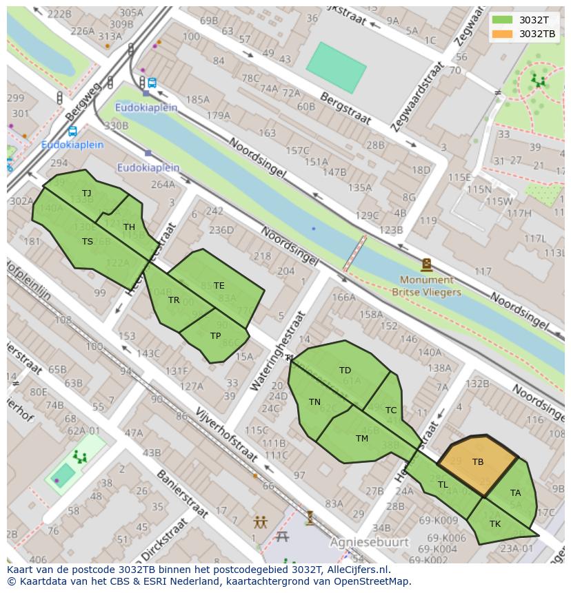 Afbeelding van het postcodegebied 3032 TB op de kaart.
