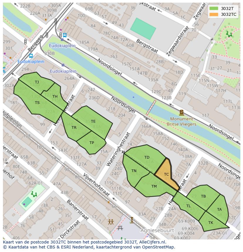 Afbeelding van het postcodegebied 3032 TC op de kaart.