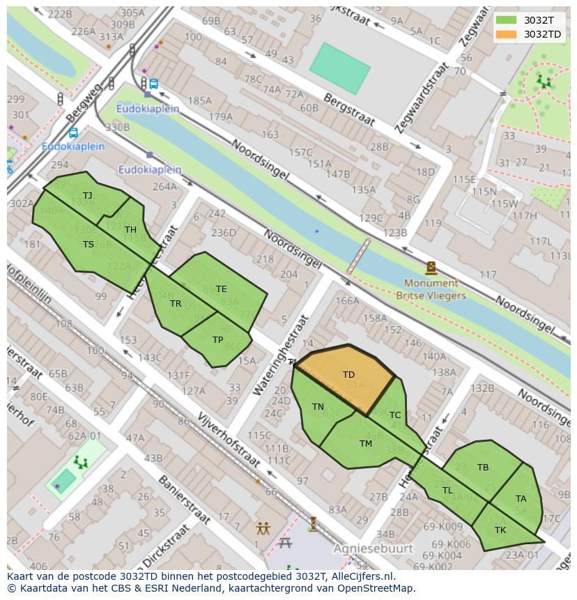 Afbeelding van het postcodegebied 3032 TD op de kaart.