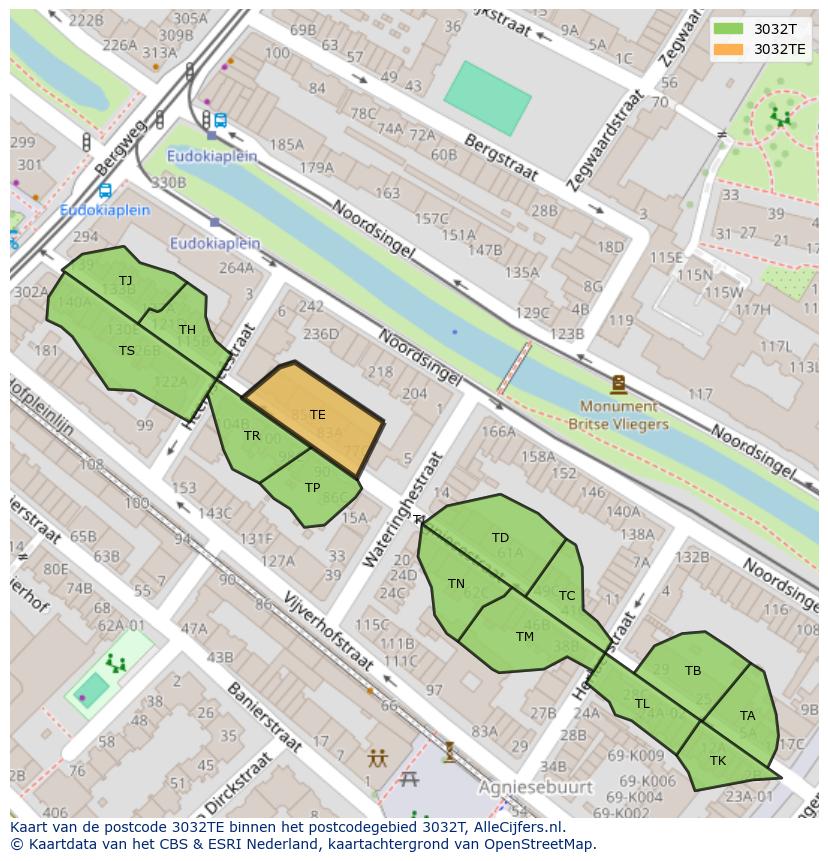 Afbeelding van het postcodegebied 3032 TE op de kaart.