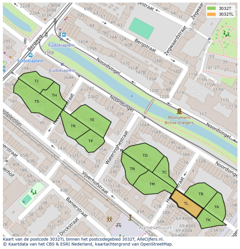 Afbeelding van het postcodegebied 3032 TL op de kaart.