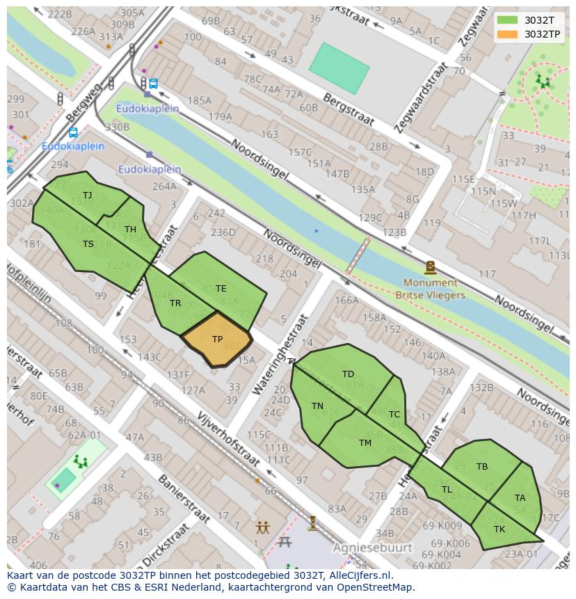 Afbeelding van het postcodegebied 3032 TP op de kaart.