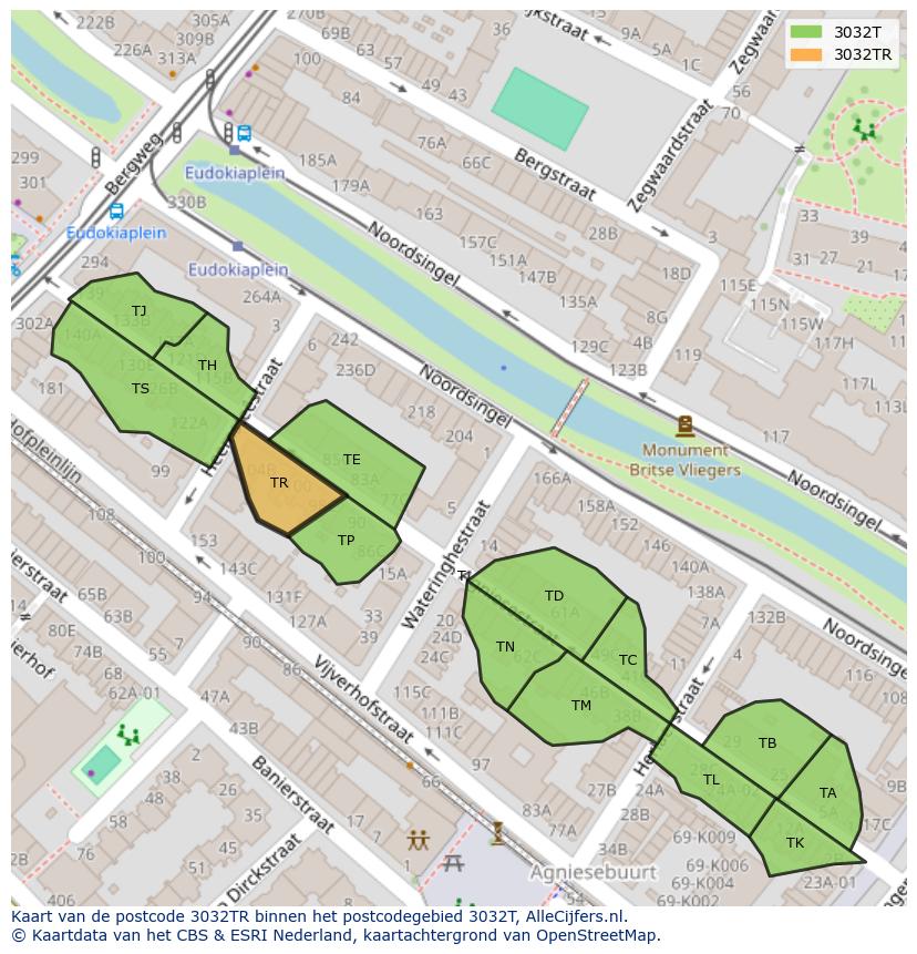 Afbeelding van het postcodegebied 3032 TR op de kaart.