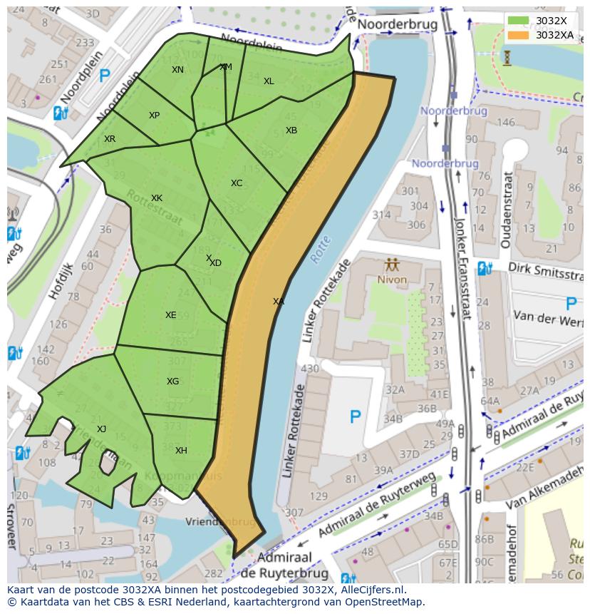 Afbeelding van het postcodegebied 3032 XA op de kaart.