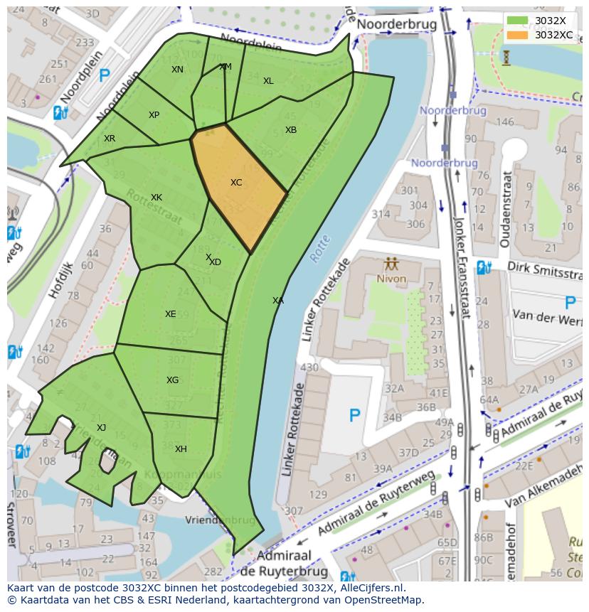 Afbeelding van het postcodegebied 3032 XC op de kaart.