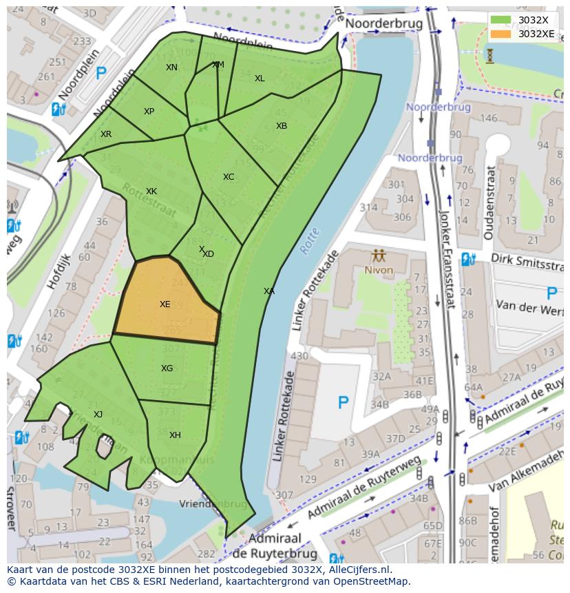 Afbeelding van het postcodegebied 3032 XE op de kaart.