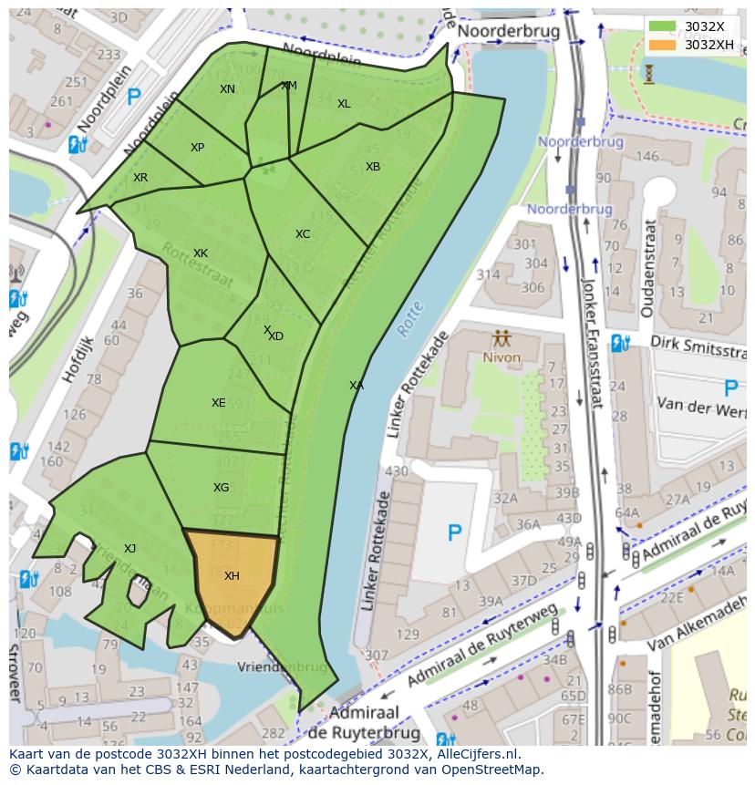 Afbeelding van het postcodegebied 3032 XH op de kaart.