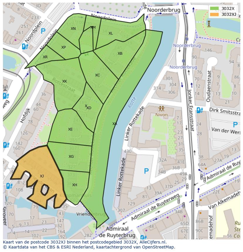 Afbeelding van het postcodegebied 3032 XJ op de kaart.
