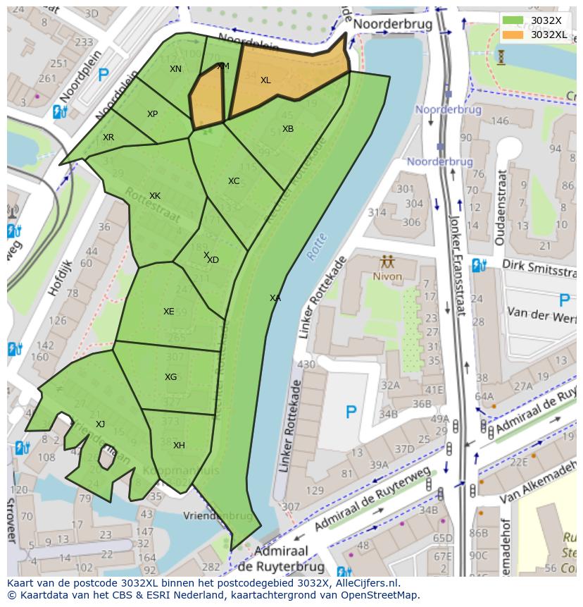 Afbeelding van het postcodegebied 3032 XL op de kaart.