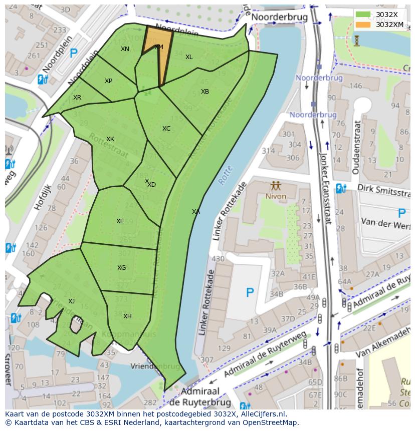 Afbeelding van het postcodegebied 3032 XM op de kaart.