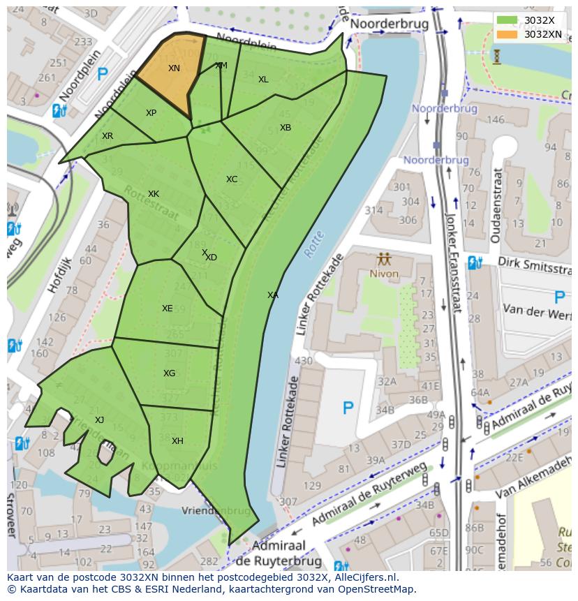 Afbeelding van het postcodegebied 3032 XN op de kaart.