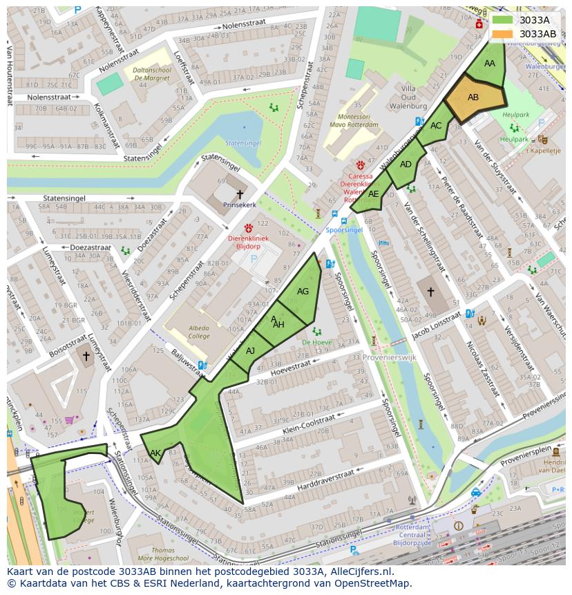 Afbeelding van het postcodegebied 3033 AB op de kaart.