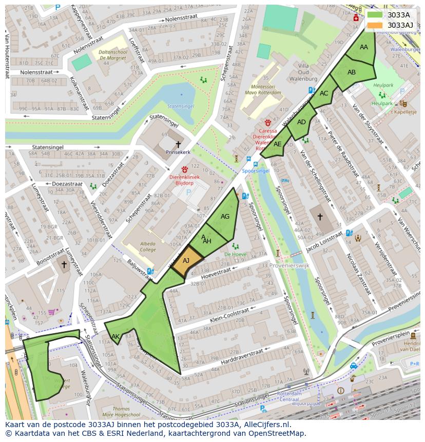 Afbeelding van het postcodegebied 3033 AJ op de kaart.
