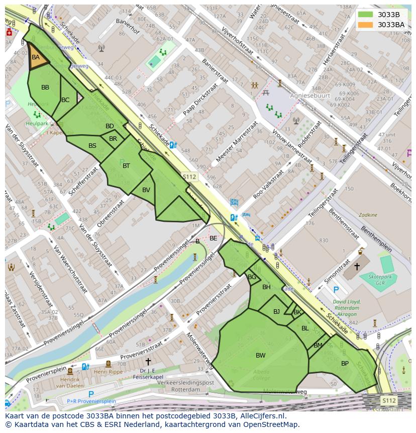 Afbeelding van het postcodegebied 3033 BA op de kaart.
