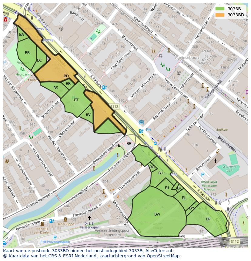 Afbeelding van het postcodegebied 3033 BD op de kaart.