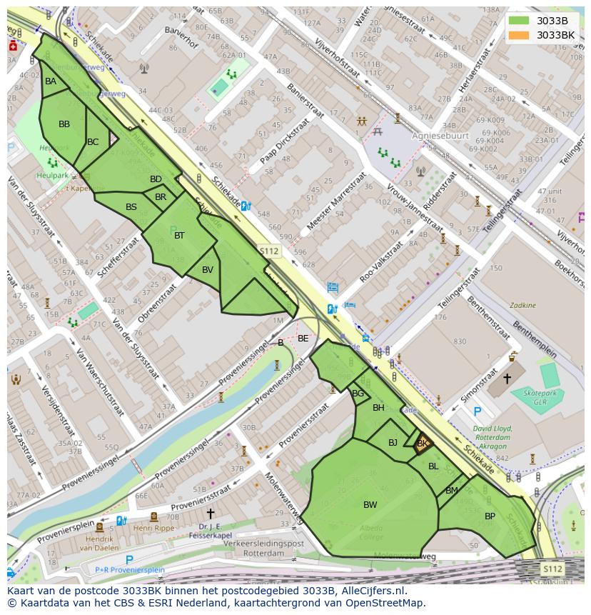 Afbeelding van het postcodegebied 3033 BK op de kaart.