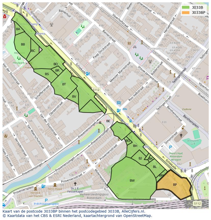 Afbeelding van het postcodegebied 3033 BP op de kaart.