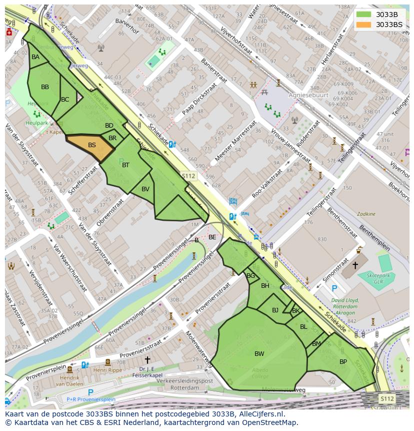 Afbeelding van het postcodegebied 3033 BS op de kaart.