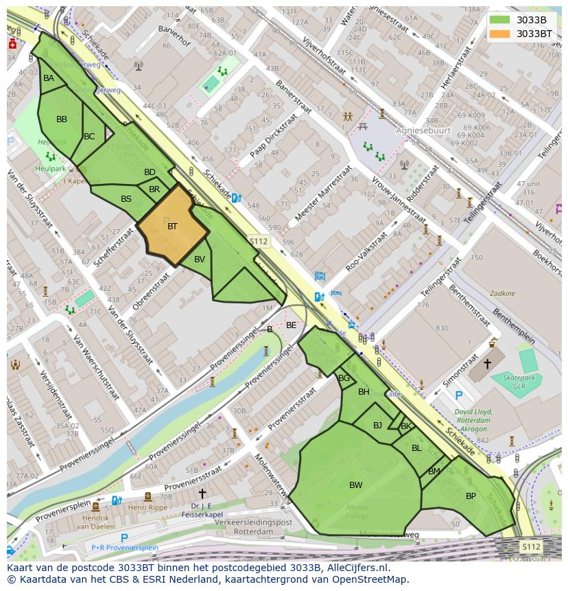 Afbeelding van het postcodegebied 3033 BT op de kaart.