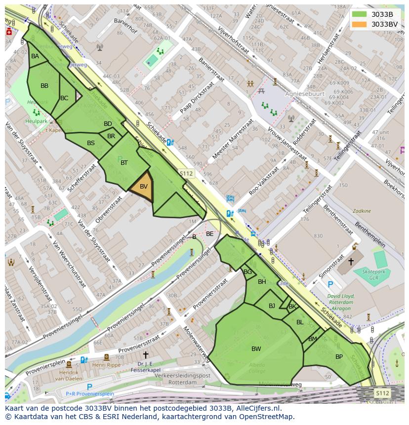 Afbeelding van het postcodegebied 3033 BV op de kaart.