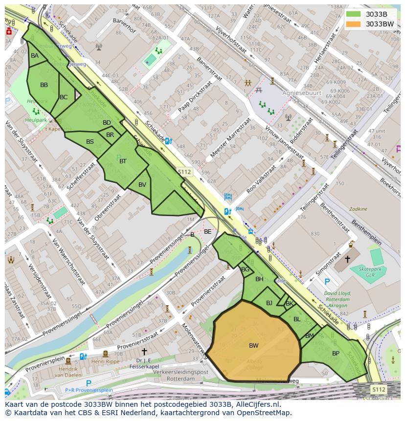 Afbeelding van het postcodegebied 3033 BW op de kaart.