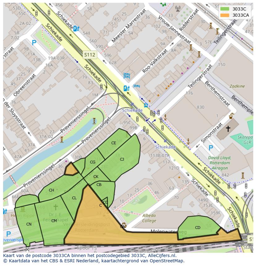 Afbeelding van het postcodegebied 3033 CA op de kaart.