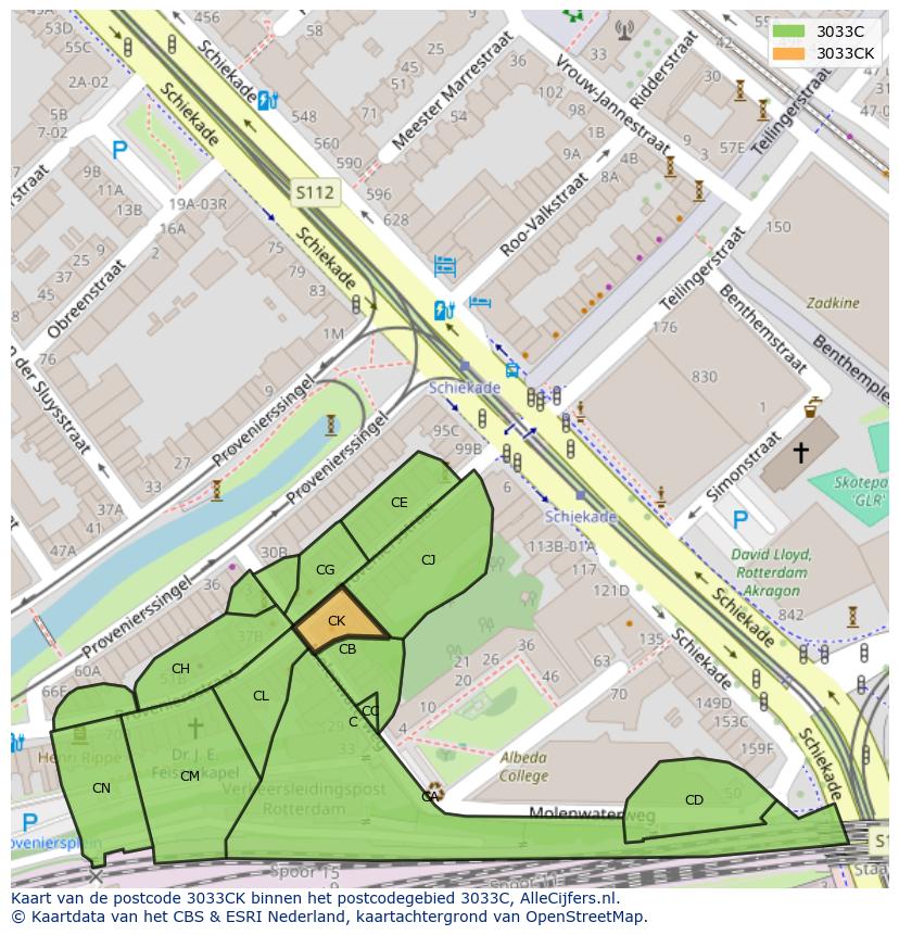 Afbeelding van het postcodegebied 3033 CK op de kaart.