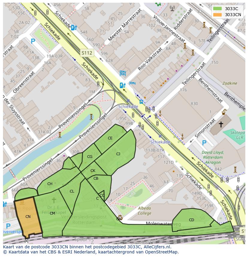 Afbeelding van het postcodegebied 3033 CN op de kaart.