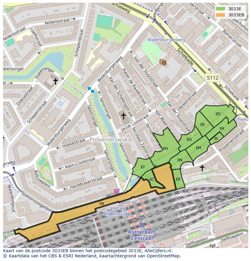 Afbeelding van het postcodegebied 3033 EB op de kaart.