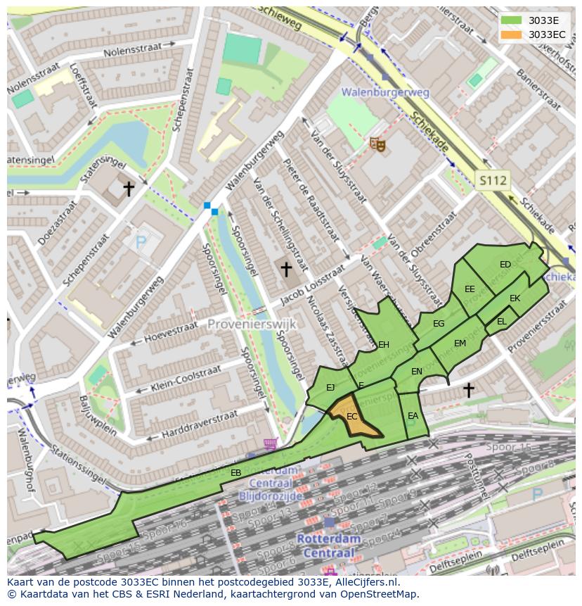 Afbeelding van het postcodegebied 3033 EC op de kaart.