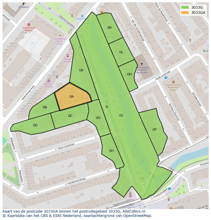 Afbeelding van het postcodegebied 3033 GA op de kaart.