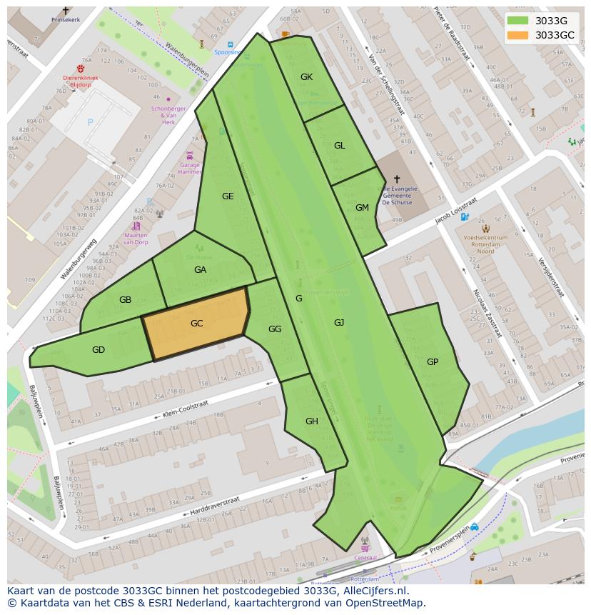 Afbeelding van het postcodegebied 3033 GC op de kaart.