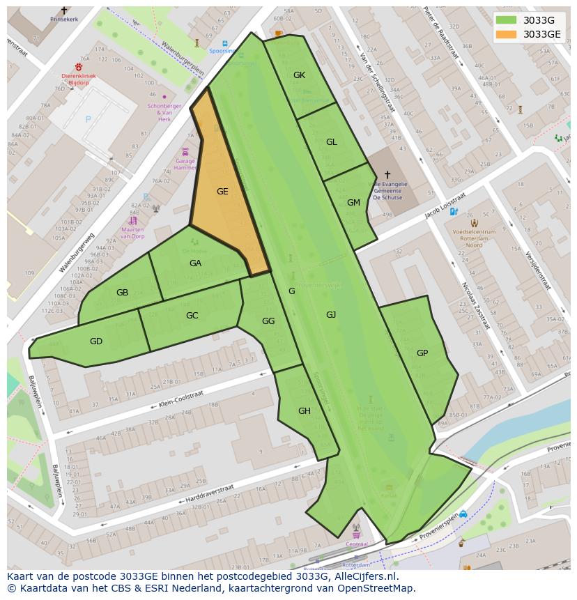 Afbeelding van het postcodegebied 3033 GE op de kaart.