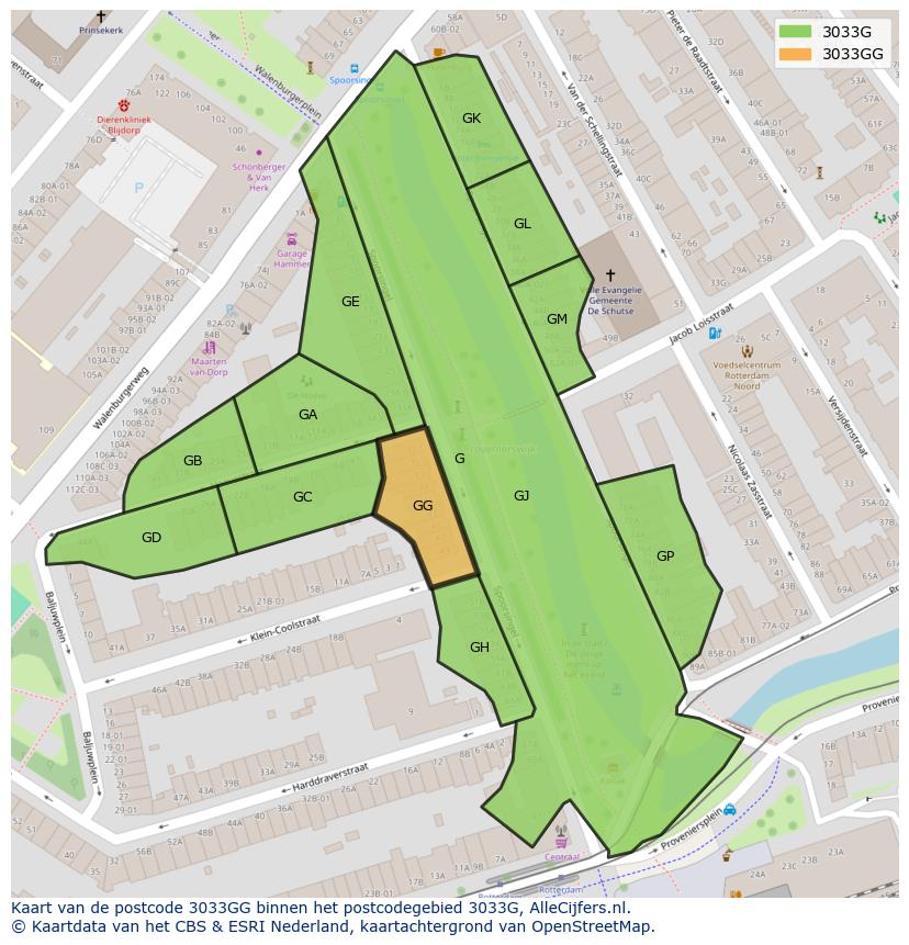 Afbeelding van het postcodegebied 3033 GG op de kaart.