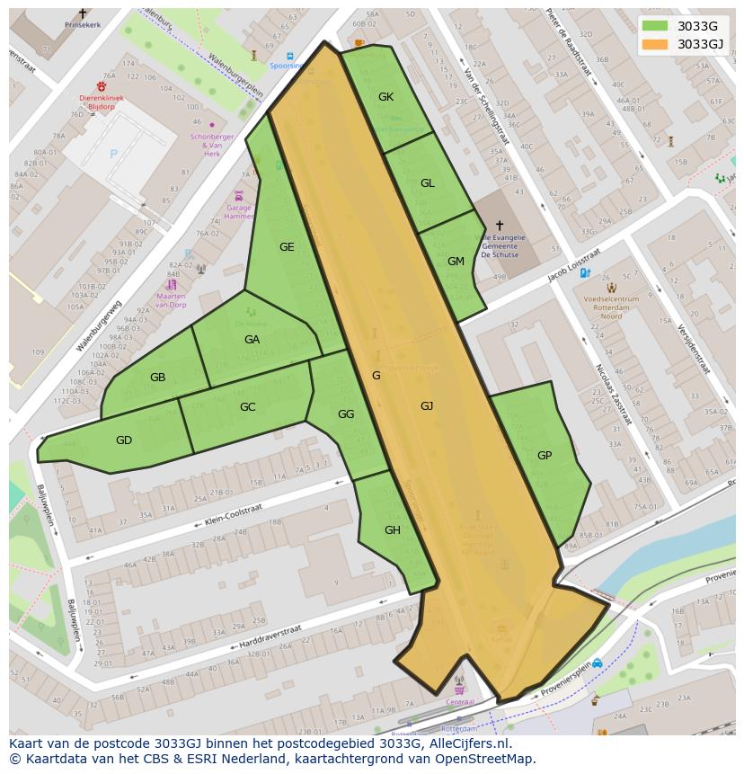 Afbeelding van het postcodegebied 3033 GJ op de kaart.