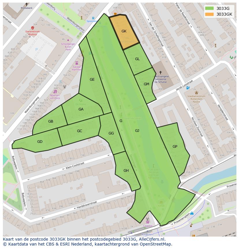 Afbeelding van het postcodegebied 3033 GK op de kaart.