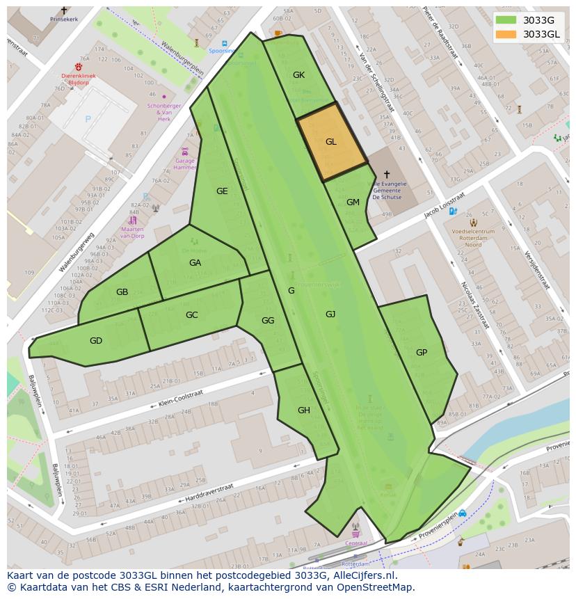 Afbeelding van het postcodegebied 3033 GL op de kaart.