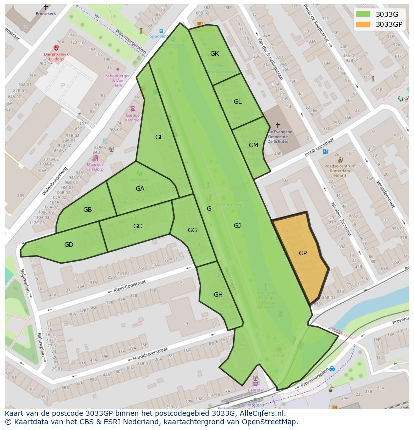 Afbeelding van het postcodegebied 3033 GP op de kaart.