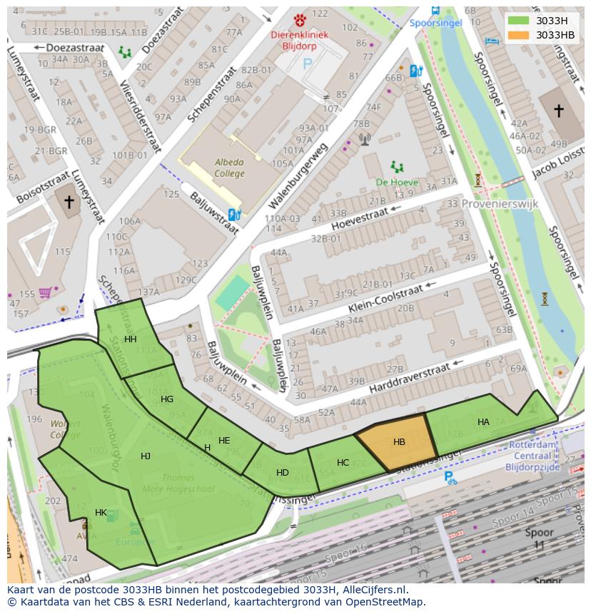 Afbeelding van het postcodegebied 3033 HB op de kaart.