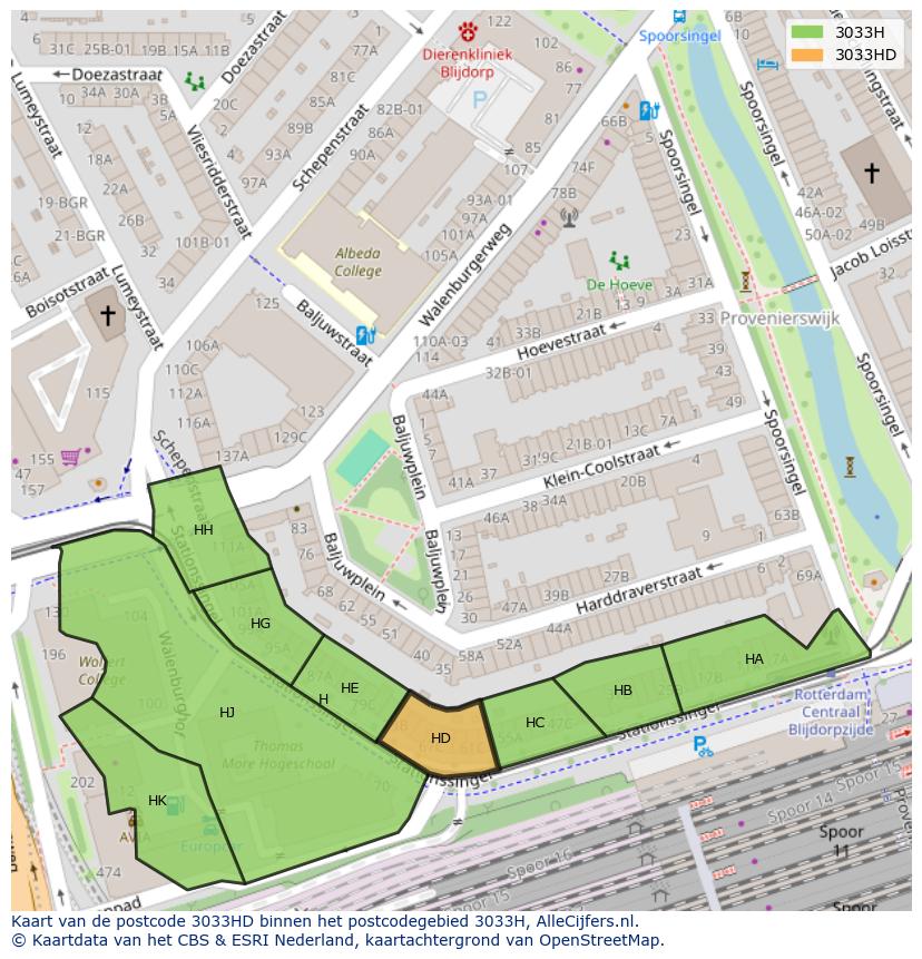 Afbeelding van het postcodegebied 3033 HD op de kaart.
