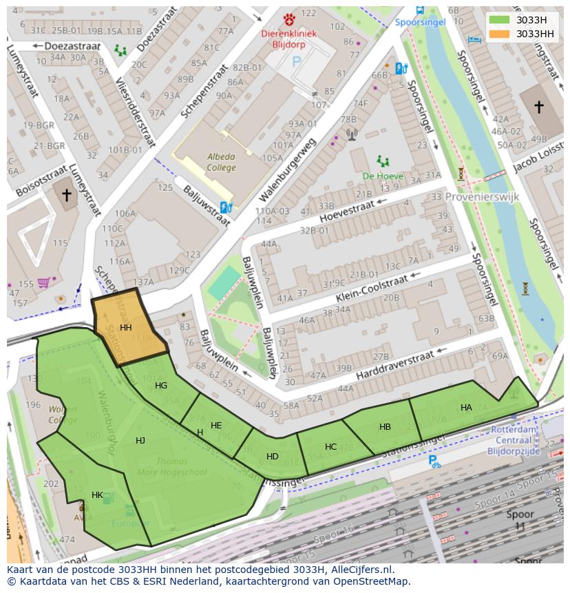 Afbeelding van het postcodegebied 3033 HH op de kaart.